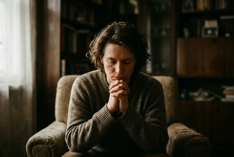 A person sitting quietly with hands clasped in prayer
